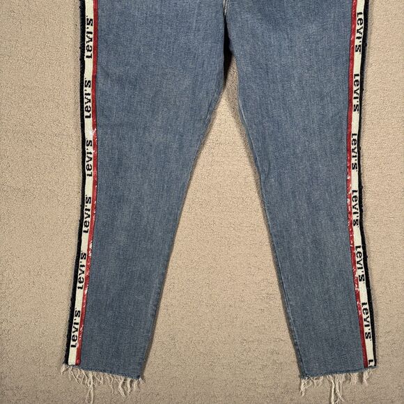 Levi's 721 Premium High Rise Denim Jean Skinny Sz 33 Sequin Logo Stripes Raw Hem - Picture 3 of 16